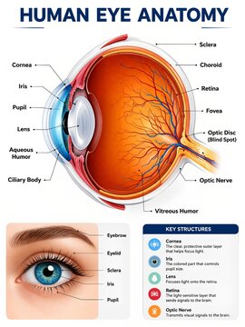 Human eye anatomy. For healthcare, science education, and ophthalmology. Cornea, iris, lens, retina, optic nerve, and macula