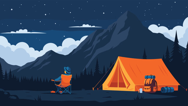 Man sitting on a camp chair enjoying the starry night sky next to his orange tent in a beautiful mountain forest landscape.