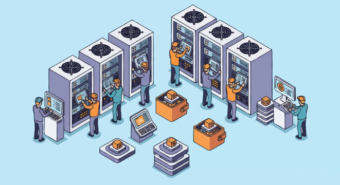IT Professionals Working in a Server Room with Racks and Computers.