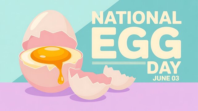 National egg day with a cracked egg showing dripping yolk and broken shell pieces on june 3rd with flat design
