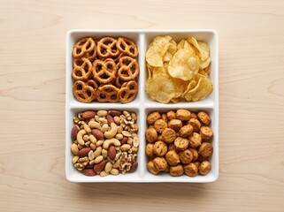 Fototapeta premium Elevated View of Assorted Salty Snacks in Compartment Tray