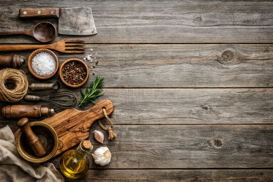 Rustic kitchen tools, herbs and spices, cutting board, olive oil, garlic, salt and pepper for homemade cooking and food preparation on a wooden table. Top view. Banner for design with copy space.