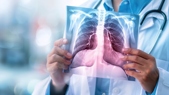 Lung exam medical illustration showing respiratory system checkup, pulmonary function test, doctor examining patient lungs, chest auscultation, radiology diagnosis, respiratory health screening, 