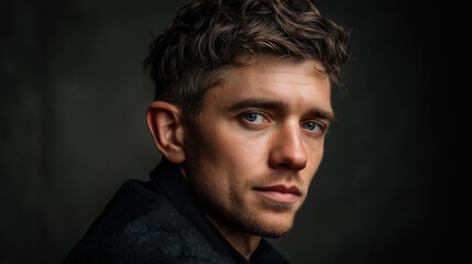 Fototapeta premium Portrait of a man with short brown curly hair and light complexion against dark background, showcasing focused expression and intense gaze.
