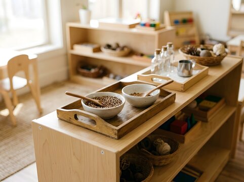 Educational Montessori Classroom Setup with Practical Life Materials