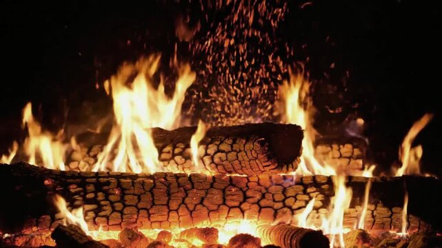 Cozy fireplace with crackling logs and glowing embers on a dark night