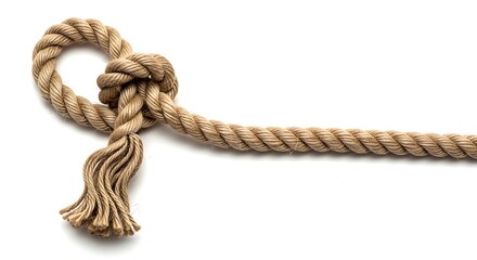 Obraz premium Hand-tied natural jute rope knot on white background for rustic decor and crafting