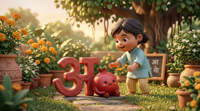 Cute outdoor garden scene showing Hindi letter with apple concept, child interacting in a playful natural environment, ideal for preschool learning and visual storytelling.