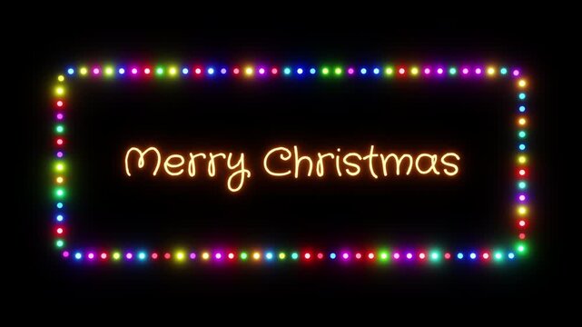 Glowing merry christmas sign in a flashing frame, 3D render. Christmas background, dotted neon frame. Abstract design for holiday eve decoration