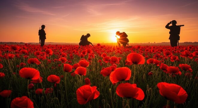 A solemn scene of soldiers standing in a field of red poppies during a beautiful golden sunset