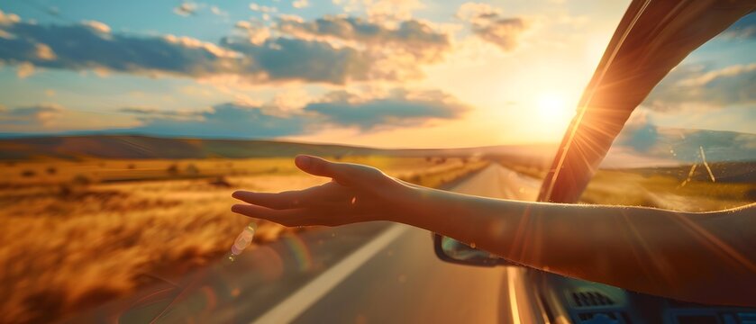Arm out of car window enjoying sunset road trip freedom on open countryside road