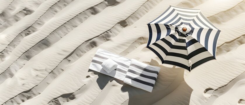 Minimalist beach arrangement with striped umbrella and folded towels on pristine rippled sand, elevated summer scene with geometric shadows, soft textures, and luxury resort copy space