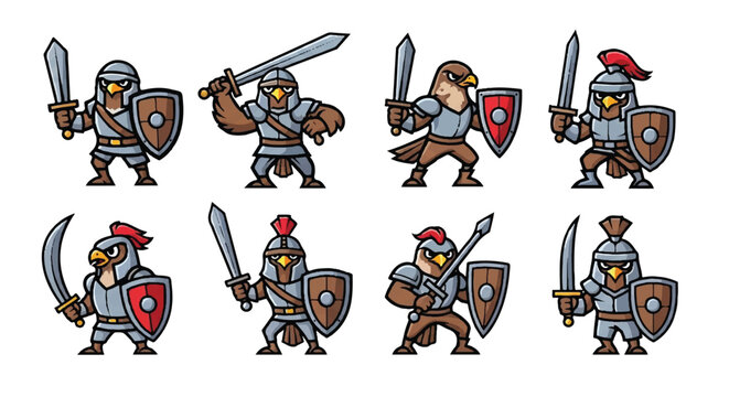 Cartoon avian warriors with swords and shields vector illustration