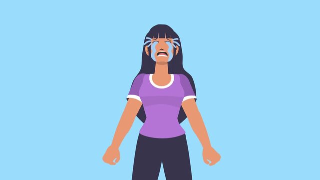 Sad Girl Crying with Tears Streaming Down to her Face 2D Flat design Style Seamless Loop Animation