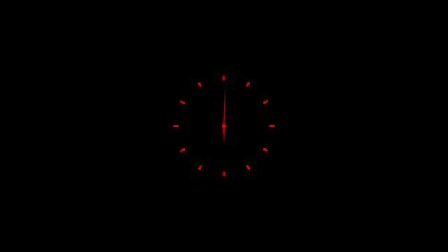One hour clock rotation, 60 minutes time period, 1 hour clock hands rotation animation, time passing by, transparent background