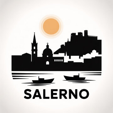 Salerno Italy Skyline Silhouette &mdash; Cathedral Tower, Arechi Castle and Amalfi Coast Harbor Cityscape