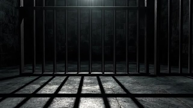 Dimly lit empty prison cell with iron bars and shadow patterns on floor