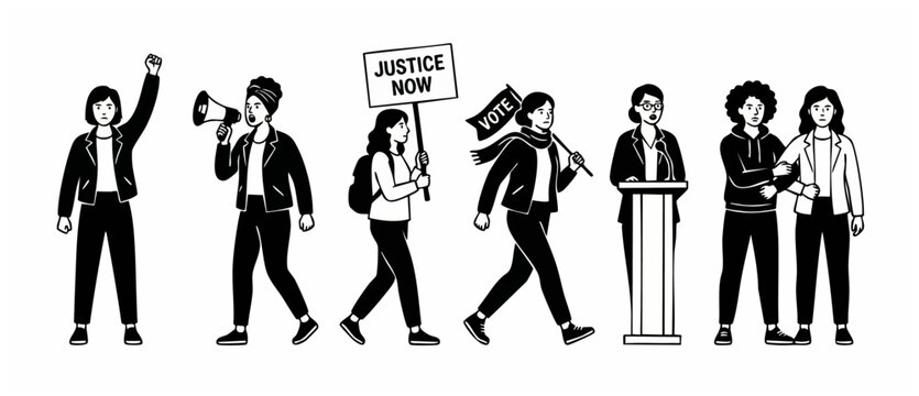 People Protesting Demonstration Activism Vector Set with People holding signs, megaphone, voting flag and speaking at a podium, monochrome black and white line art style illustration for political act