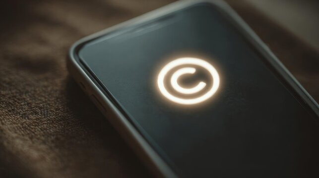 Close-up of a smartphone screen with a circular logo in the center. the logo is a white circle with a black outline and a black center, and it appears to be glowing.