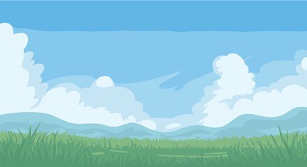 Obraz premium Green field with white clouds and blue sky background grass