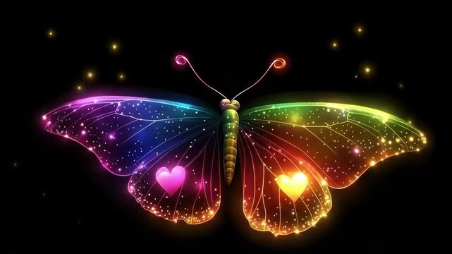 Vibrant rainbow butterfly with glowing heart patterns on black background