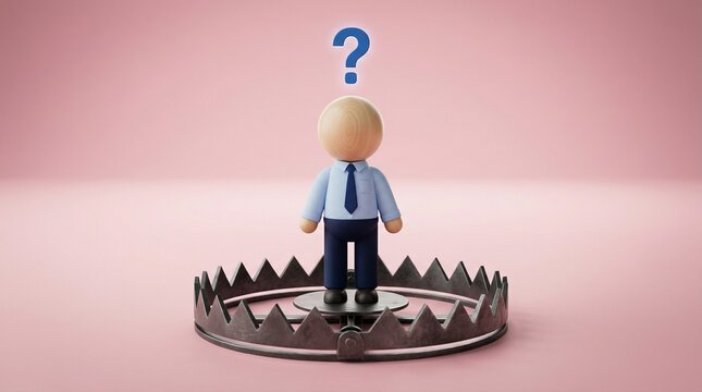 Trapped Decision: A symbolic depiction of a person, confined within a snare, pondering a question, symbolizing the constraints of decision-making.