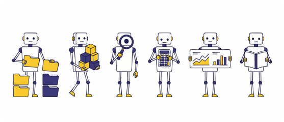 Fototapeta premium Cute Robot Set for Business Tasks and Data Analysis Process, Line Art Collection of Artificial Intelligence Characters Working with Folders, Boxes, Calculator, Charts and Books for Office Automation