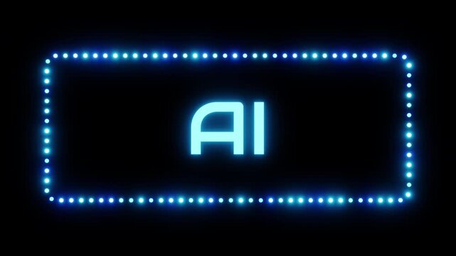 Glowing artificial intelligence sign in a flashing frame, 3D render. AI background, dotted neon frame. Represents machine learning, big data, cloud computing, future tech, network, innovation