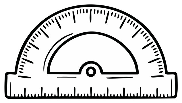 Black and white hand-drawn illustration of a protractor measuring angles for geometry