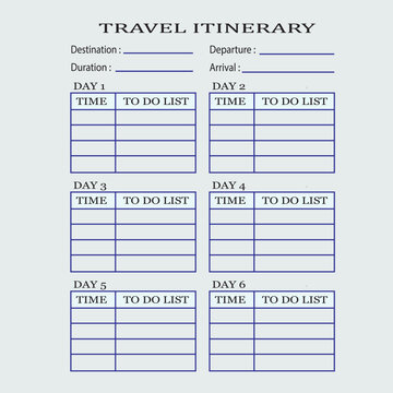 Travel Itinerary Planner Template with Six Day Schedule and Daily To Do List Tables