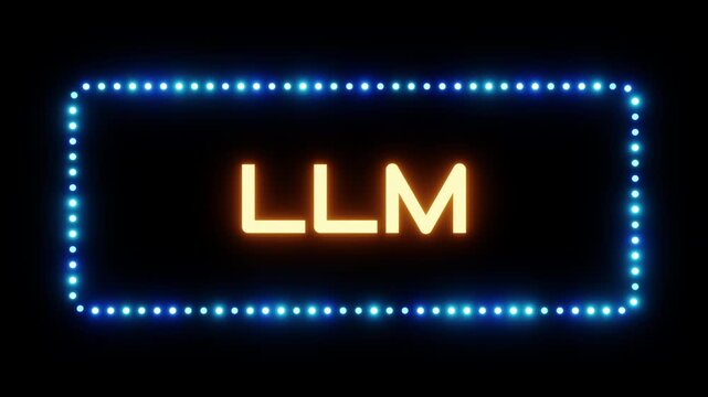 Glowing large language model sign in flashing frame, 3D render. LLM background, dotted neon frame. Design natural language processing tasks, language generation, generative pre trained transformers