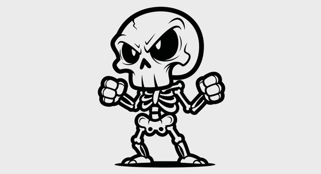 Black and white cartoon skeleton character with an angry expression and clenched fists in a fighting pose.