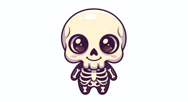 Cute cartoon chibi skeleton character with large expressive eyes and a friendly smile on a white background.