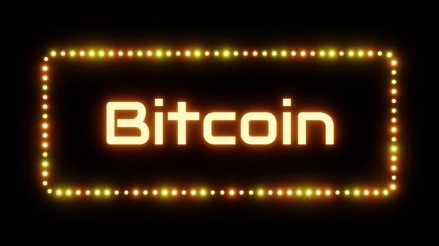 Glowing bitcoin sign in a flashing frame, 3D render. Crypto bitcoin background, dotted neon frame. Cryptocurrency, blockchain, and digital finance, BTC mining