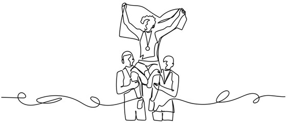 Obraz premium A continuous one line drawing of a team of three athletes celebrating their victory with joy. One line drawing. Editable stroke.