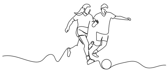 Obraz premium A continuous one line drawing of male and female football players competing against each other. One line drawing. Editable stroke.