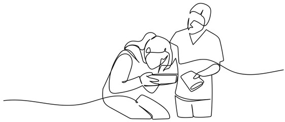 Obraz premium A continuous one line drawing of a person suffering from food poisoning being cared for by a nurse. One line drawing. Editable stroke.