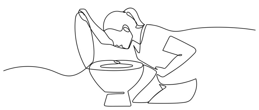A continuous one line drawing of a person suffering from food poisoning vomiting into a toilet. One line drawing. Editable stroke.