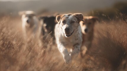 Fototapeta premium Group of three dogs running through a field of tall, dry grass. the dog in the foreground is a white and brown spotted dog with a big smile on its face.
