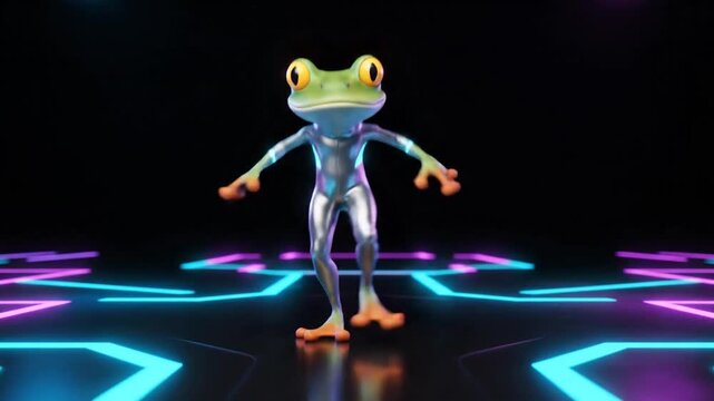 Energetic Cyber Frog in Metallic Suit on RetroFuturistic Neon Dance Floor.