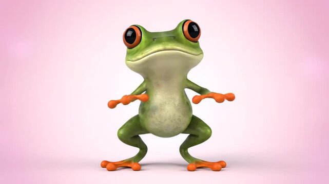Charming 3D Green Frog with Vibrant Orange Eyes on a Soft Pink Backdrop.