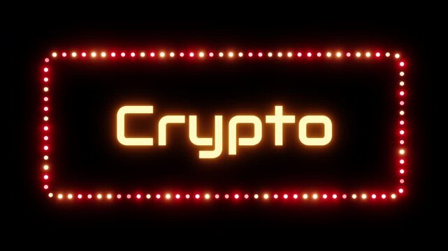 Glowing crypto sign in a flashing frame, 3D render. Crypto currency background, dotted neon frame. Cryptocurrency, blockchain, and digital finance, market volatility