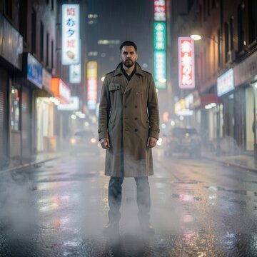 Man in trench coat standing on rainy neon city street at night.
