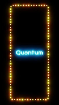 Glowing quantum sign in a flashing vertical frame, 3D render. Quantum computing background, dotted neon frame. Superposed and entangled states, Blockchain Hacking