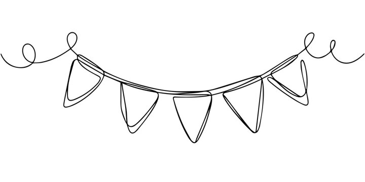 buntings garland continuous one line drawing, buntings garland continuous one line drawing, One line party garland sketch. Hand drawn elements. Vector continuous outline isolated illustration