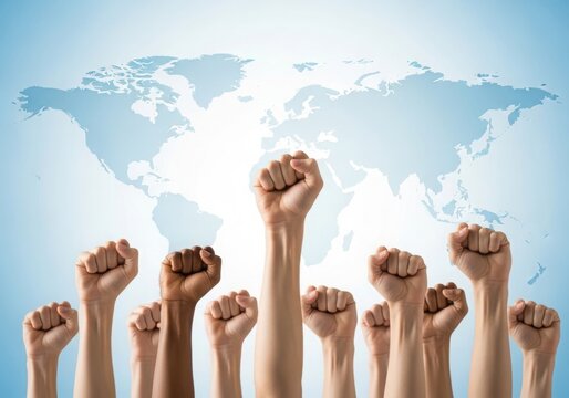 Fists raised in protest or unity against a world map background