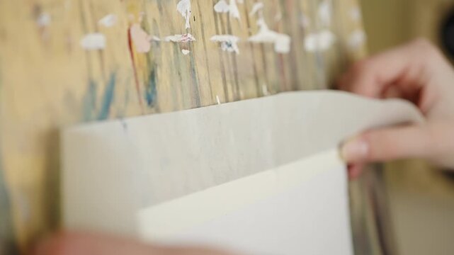 Artist prepares a paint-splattered wooden board, applying masking tape to secure a clean sheet of paper and align edges, smoothing the surface before starting a studio painting.