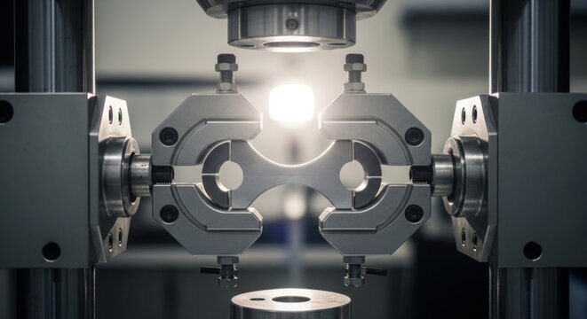 A high-precision industrial universal testing machine grips a metal dogbone specimen for a tensile stress experiment, illuminated by a bright laboratory light source in a controlled testing.