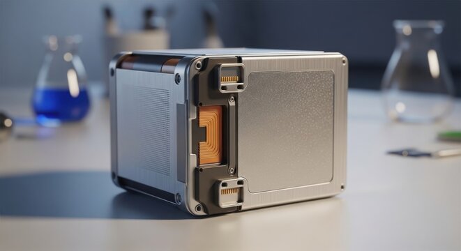 A high-tech metallic cube device featuring exposed copper coils and industrial connectors sitting on a laboratory table with blurry glassware and chemical beakers placed in the soft focus background.