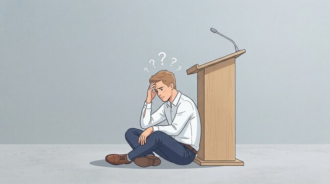 Speechless and Anxious: A man, overwhelmed with doubt and concern, sits dejected beside a podium. An illustration of vulnerability and self-doubt.